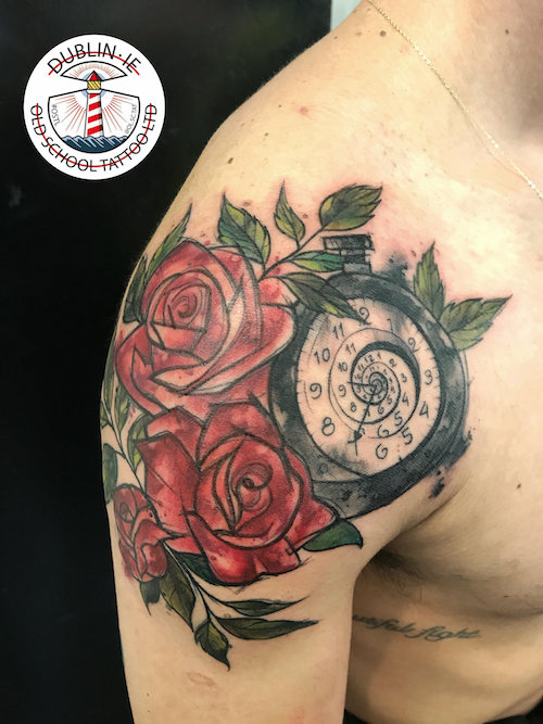 rose and pocketwatch tattoo